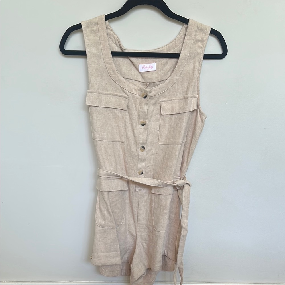 Pink Lily Beige Button-Up Romper